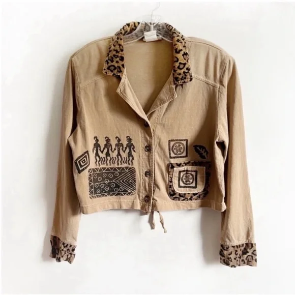 Nina Piccalino jacket tan brown African print crop vintage leopard drawstring - Picture 1 of 7